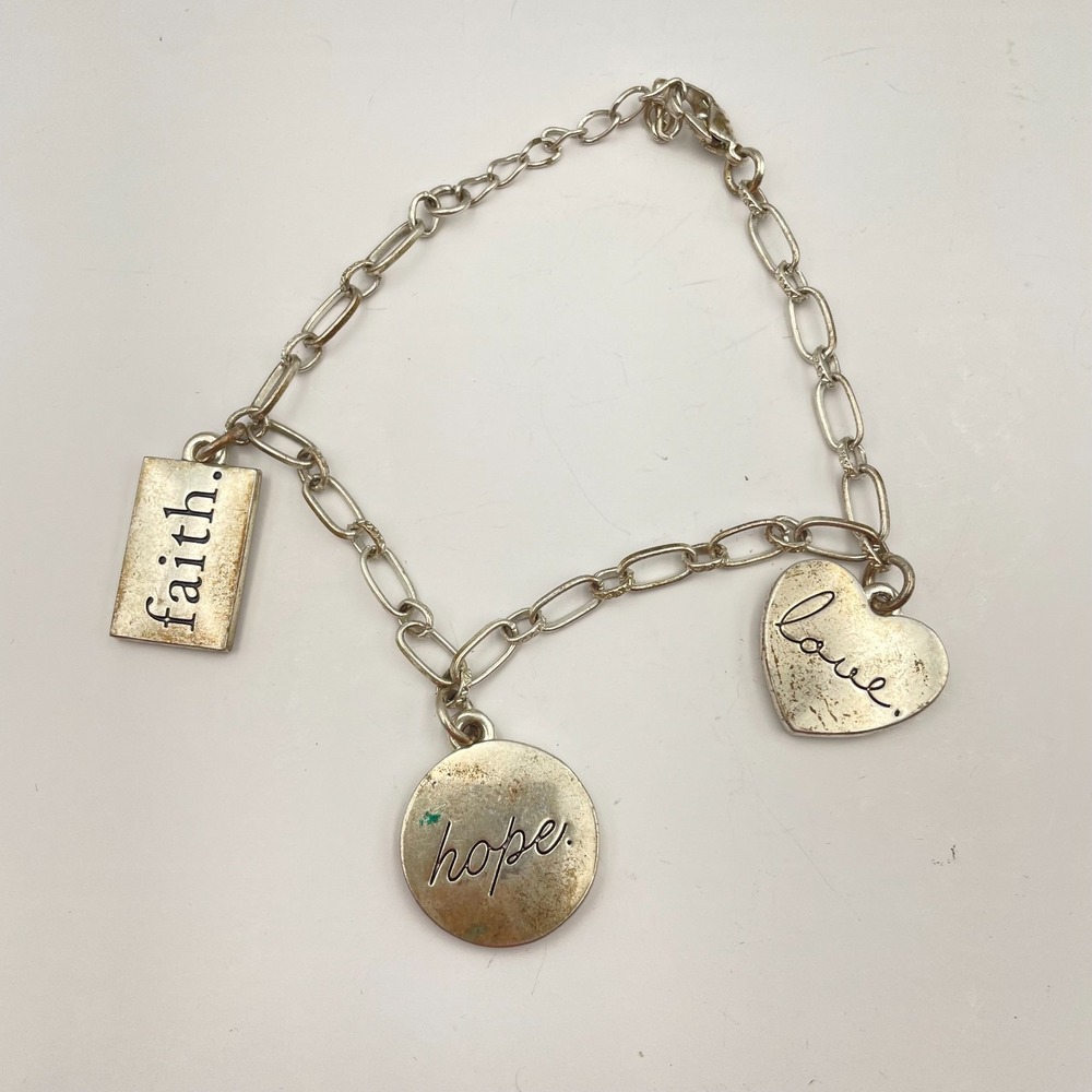 Vintage 90s Silver Charm Bracelet Faith Hope Love Paperclip Chain Dainty Jewelry